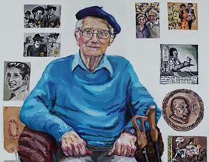 Painting of an old man sitting in an armchair with pictures attached to the wall behind him.